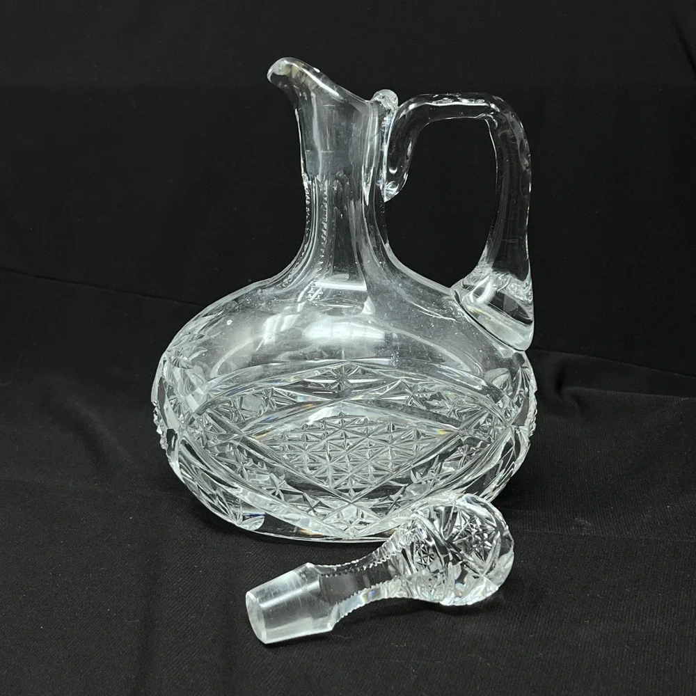 Vintage Cut Glass Handled Cruet‎ Decanter with Stopper Starburst Diamond Pattern